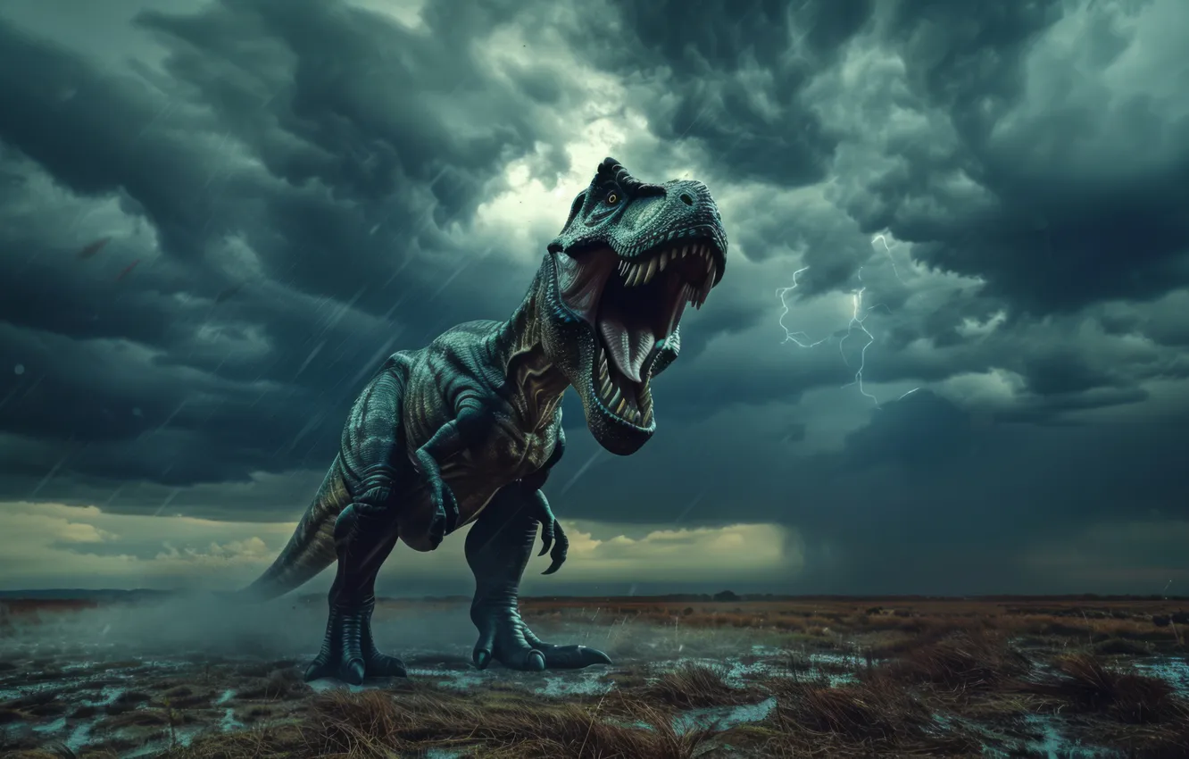 Photo wallpaper Lightning, Rain, Clouds, Teeth, Mouth, Predator, Dinosaur, Animal