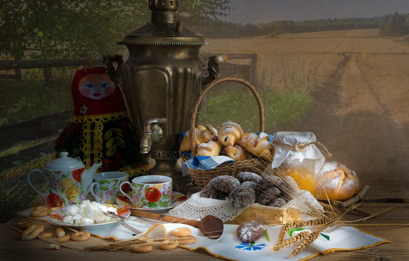 Photo wallpaper tea, basket, doll, cookies, honey, bread, Bank, bagels