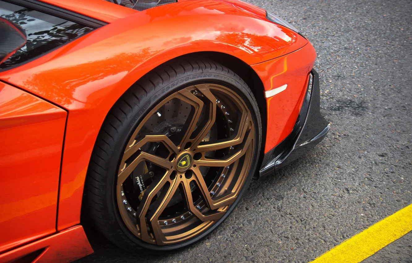 Photo wallpaper Lamborghini, wheel, orange, Aventador
