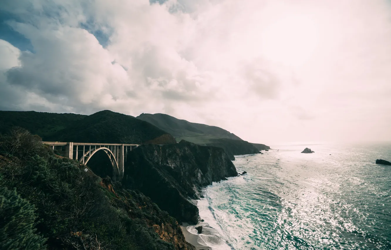 Photo wallpaper sea, wave, water, mountains, bridge, the ocean, rocks, California