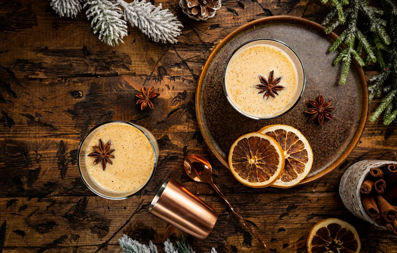 Photo wallpaper branches, glass, Board, new year, coffee, Christmas, spoon, citrus