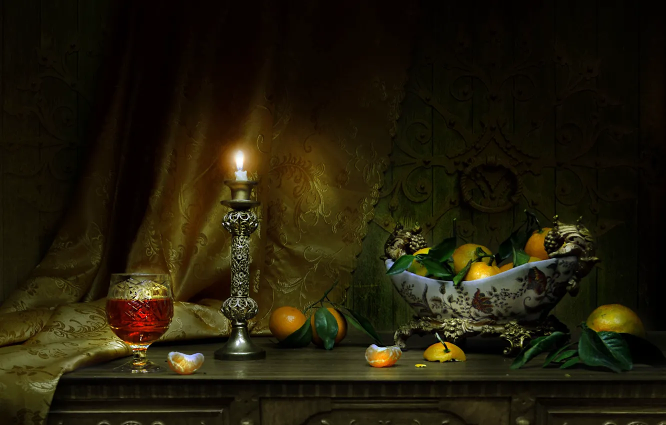 Photo wallpaper photo, candle, vase, still life, tangerines