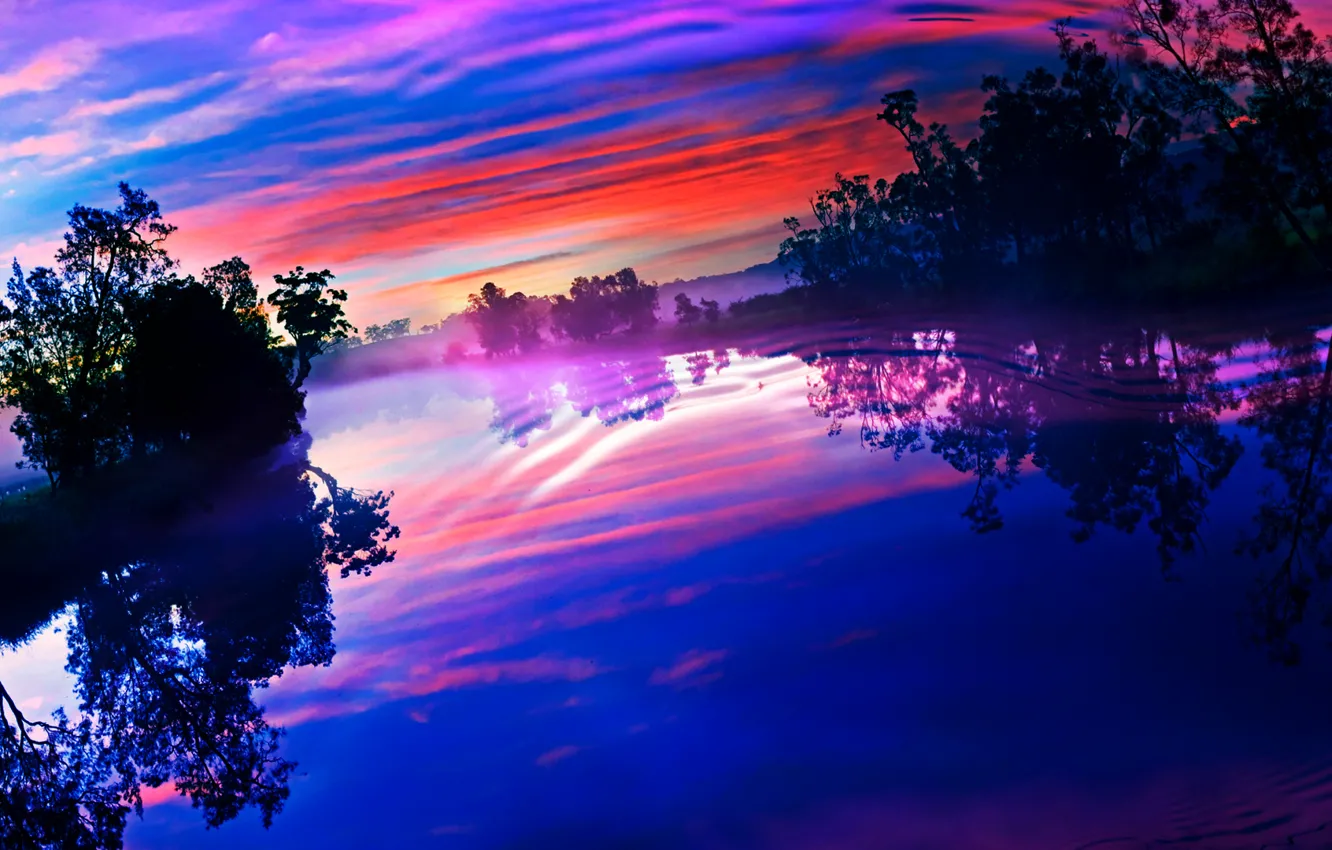 Photo wallpaper the sky, clouds, trees, sunset, lake, reflection, river, ruffle