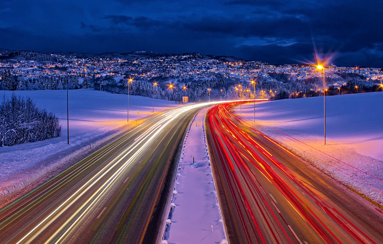 Photo wallpaper winter, road, lights, excerpt, Norway, winter, roads, Norway