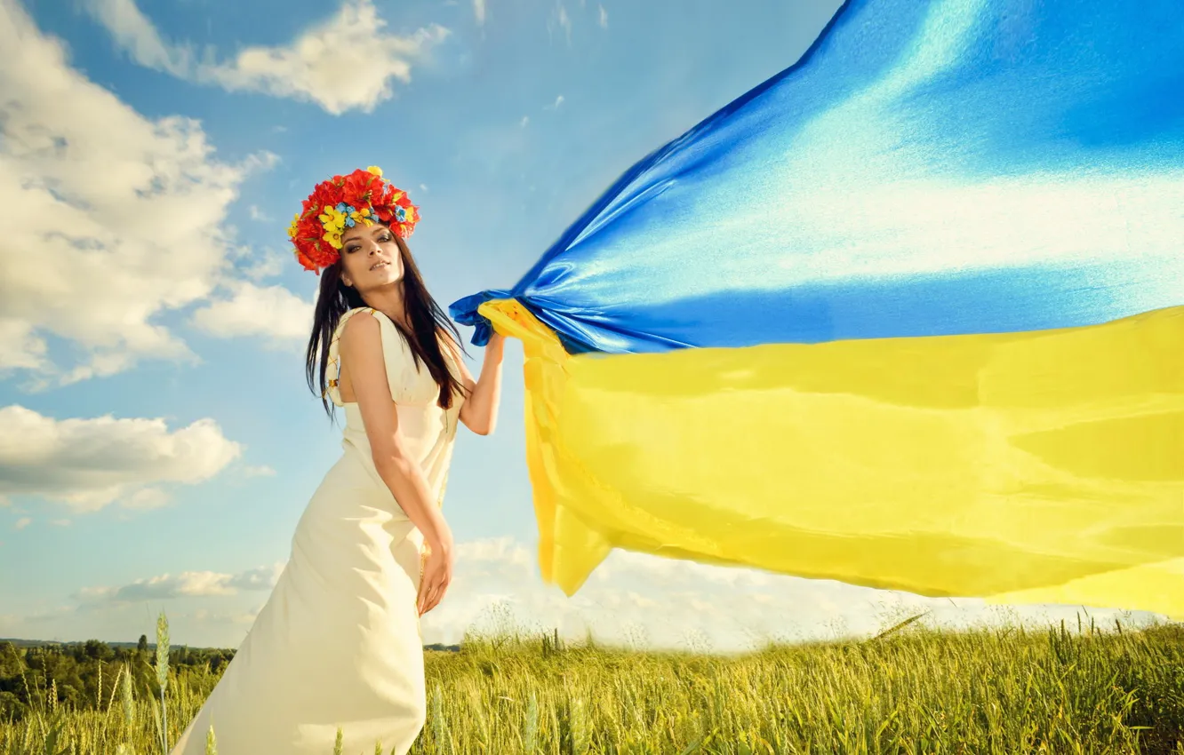 Photo wallpaper field, the sky, grass, blue, yellow, dress, flag, brown hair