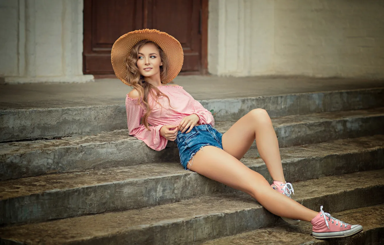 Photo wallpaper girl, pose, shorts, hat, stage, legs, long hair, Stanislav Maksimov