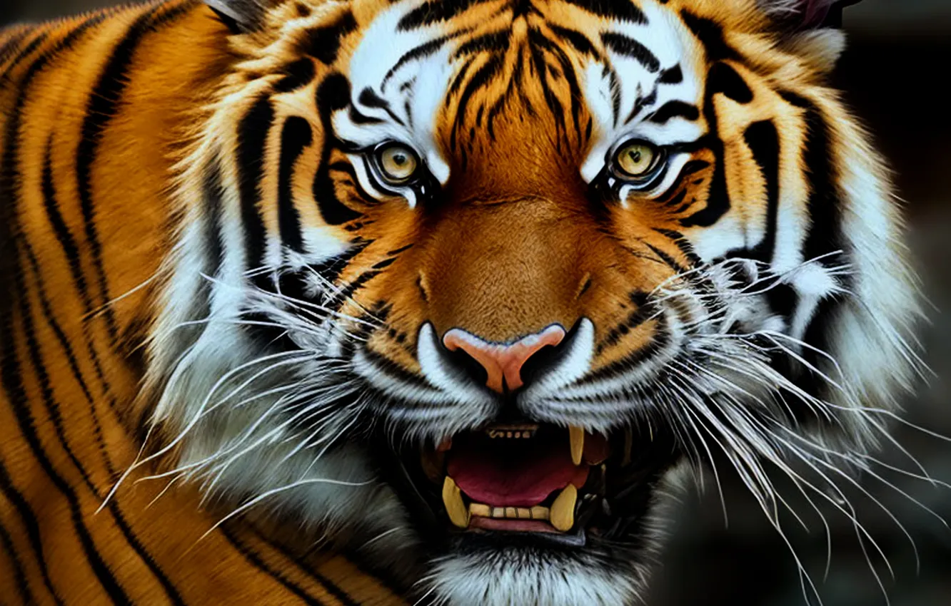 Photo wallpaper look, face, tiger, predator, grin, big cat, digital art, AI art