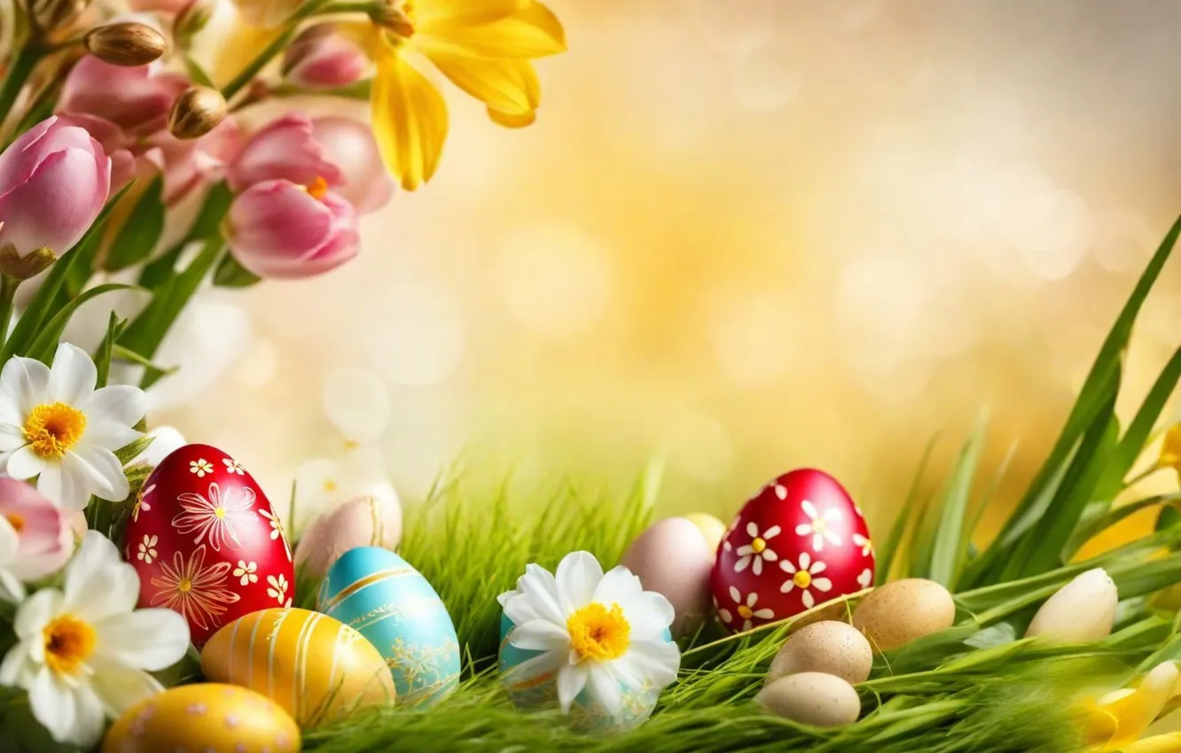 Photo wallpaper flowers, eggs, spring, colorful, Easter, flowers, spring, Easter