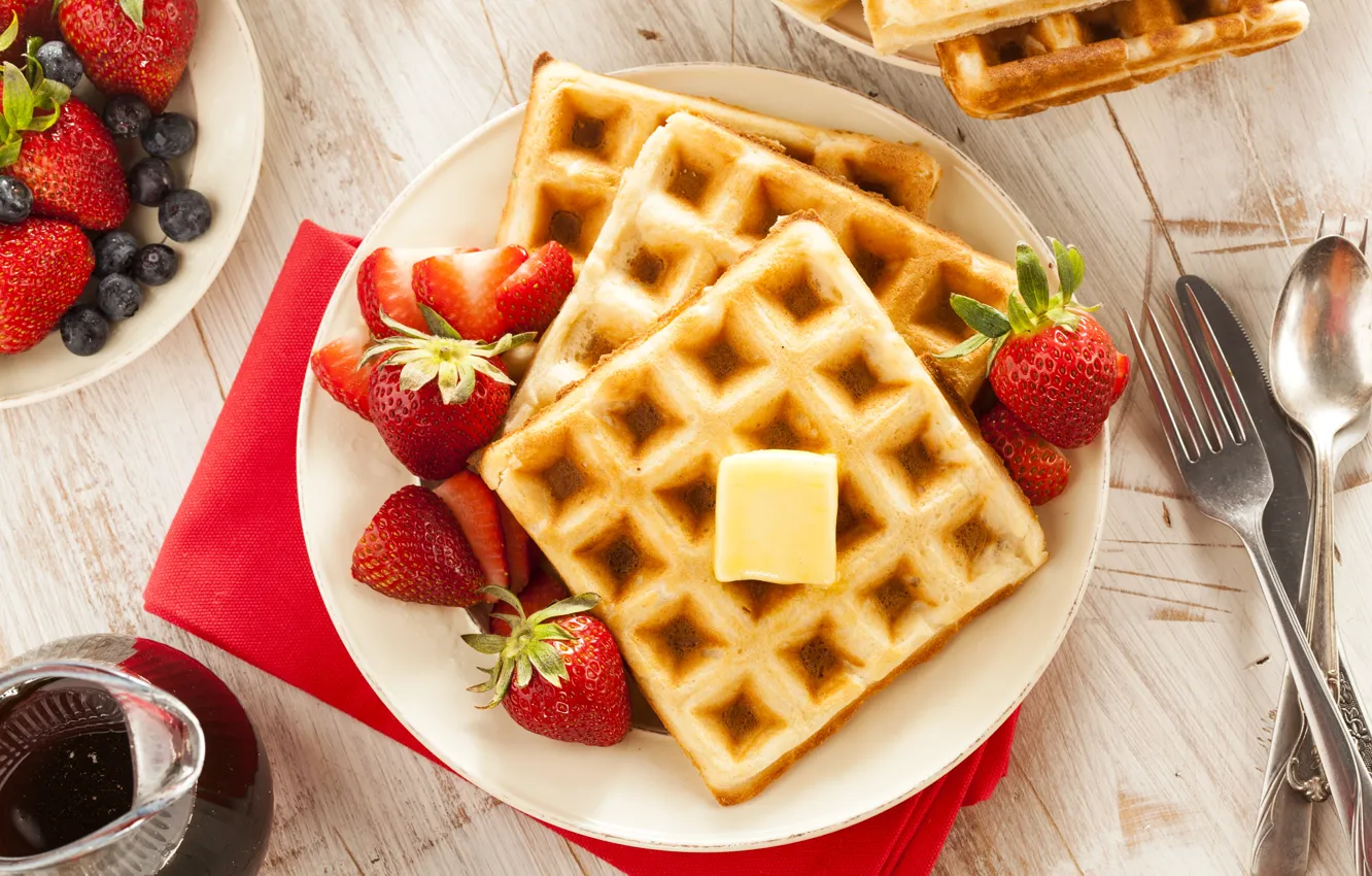 Photo wallpaper berries, Breakfast, strawberry, honey, waffles