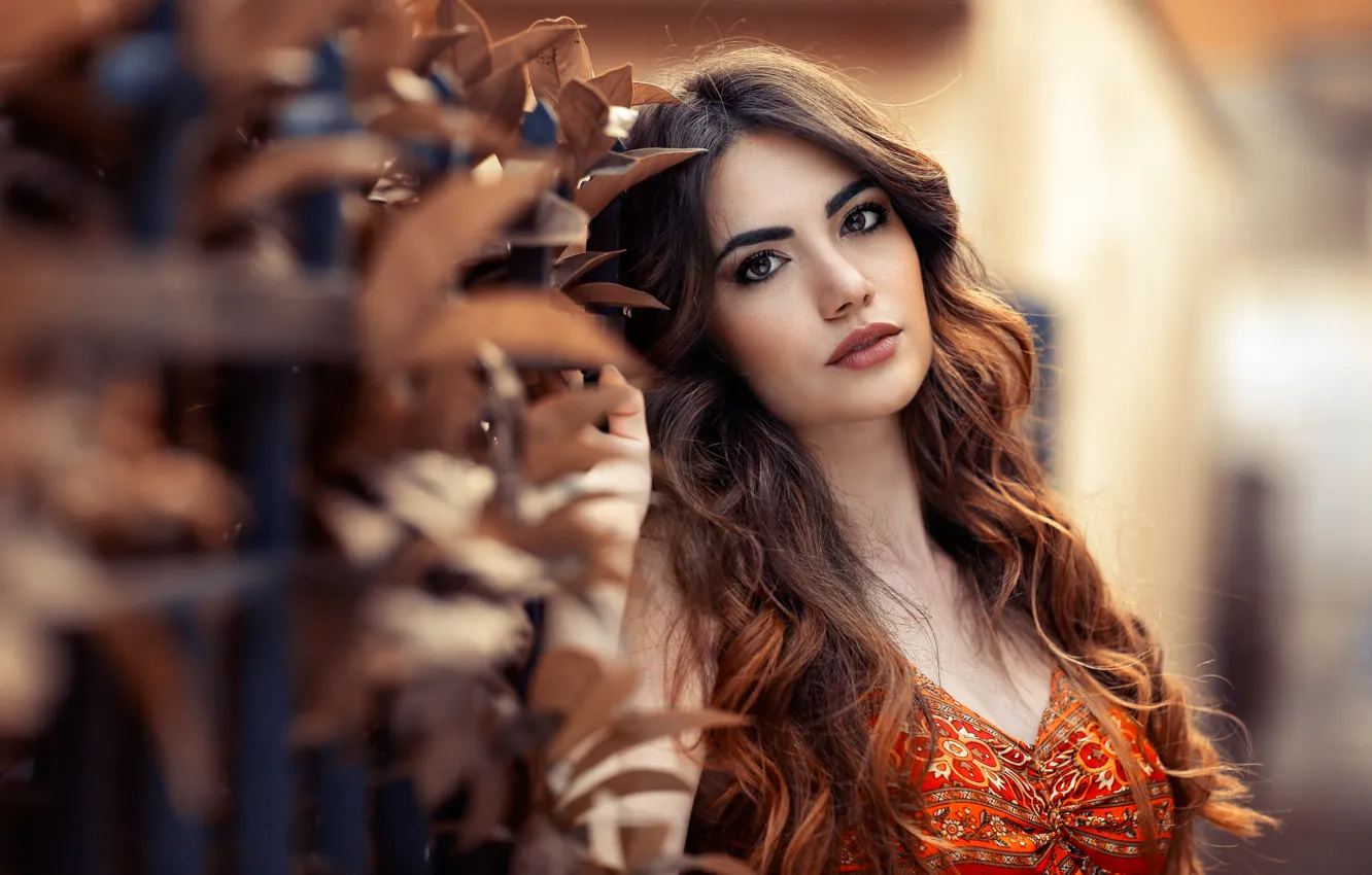 Photo wallpaper look, leaves, pose, model, the fence, portrait, makeup, hairstyle