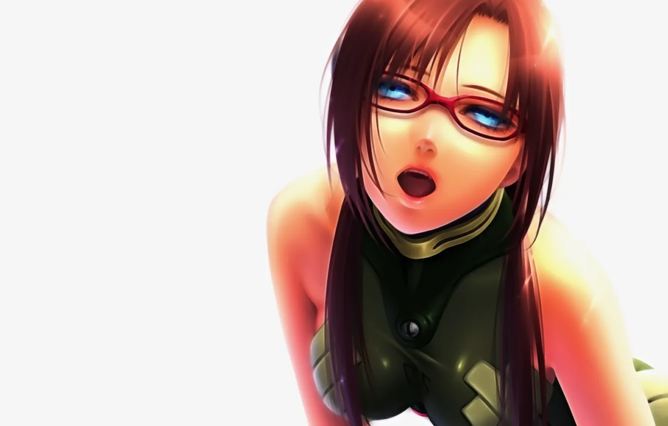 Photo wallpaper look, girl, paint, glasses, costume, white background, open mouth, evangelion