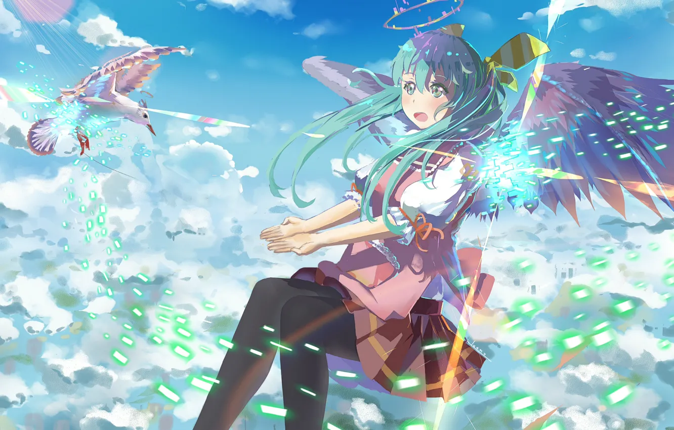 Photo wallpaper the sky, girl, clouds, bird, wings, anime, art, vocaloid