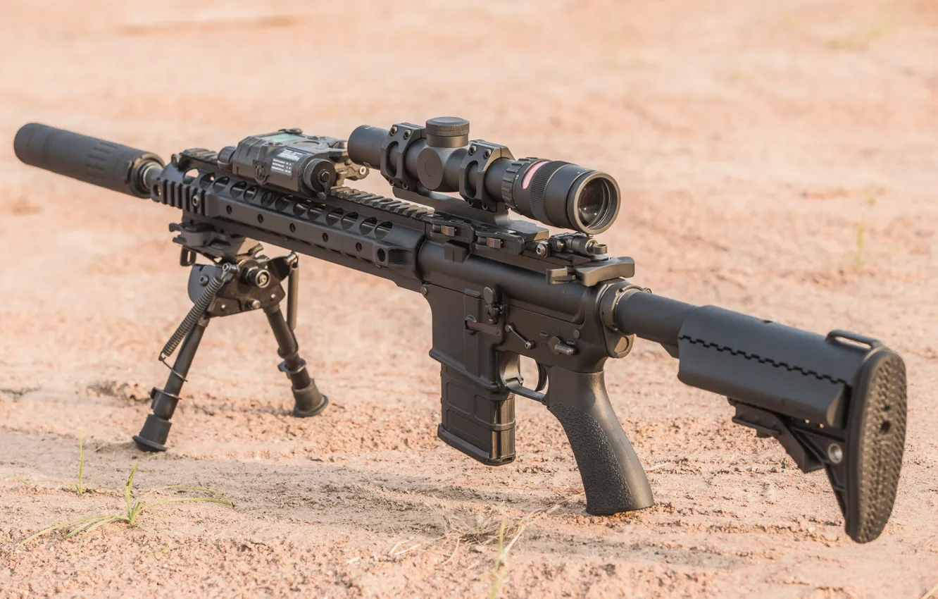 Photo wallpaper desert, sand, assault rifle, telescopic sight, military equipment