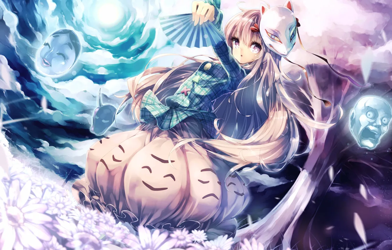 Photo wallpaper girl, clouds, trees, flowers, face, mask, fan, art