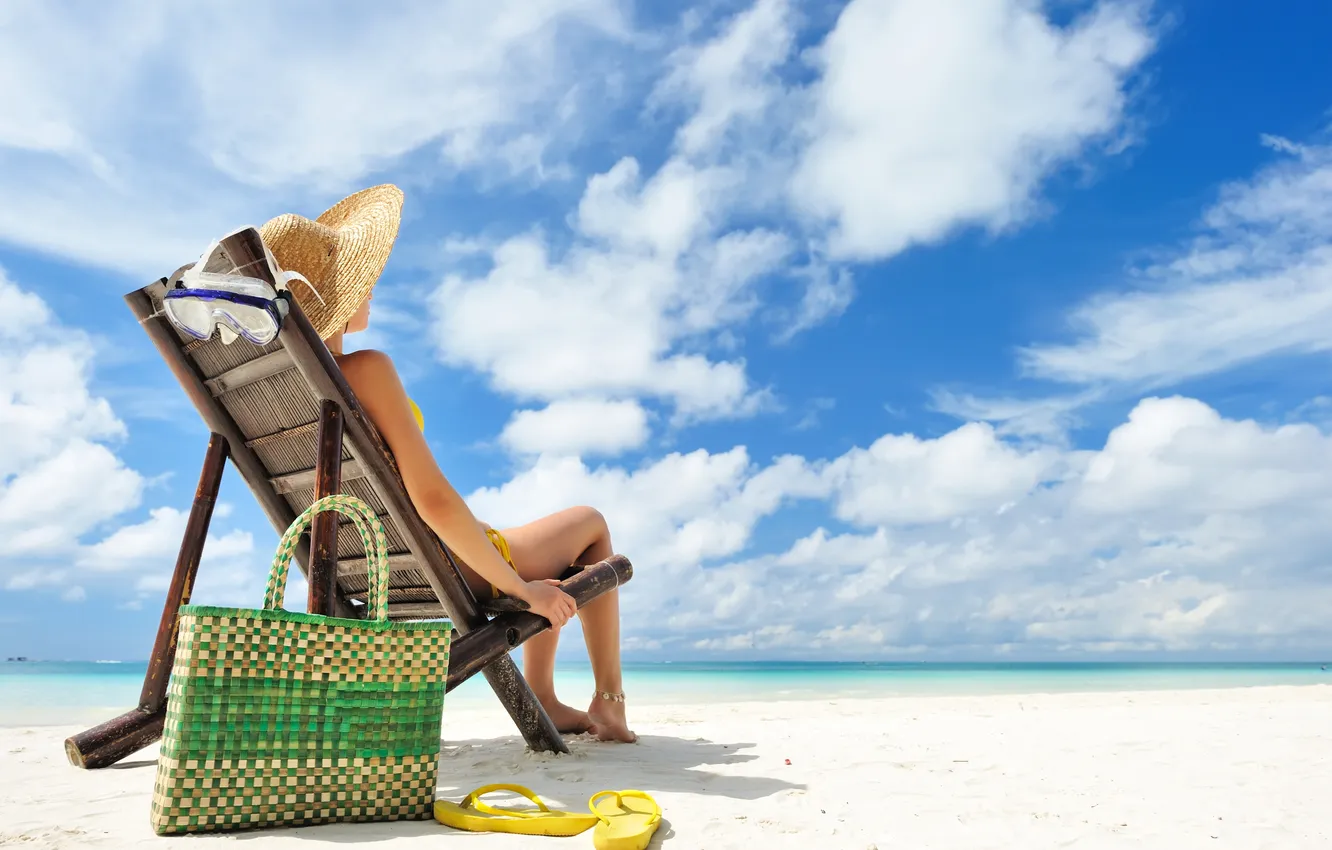 Photo wallpaper sand, sea, beach, girl, clouds, stay, bag, sun loungers