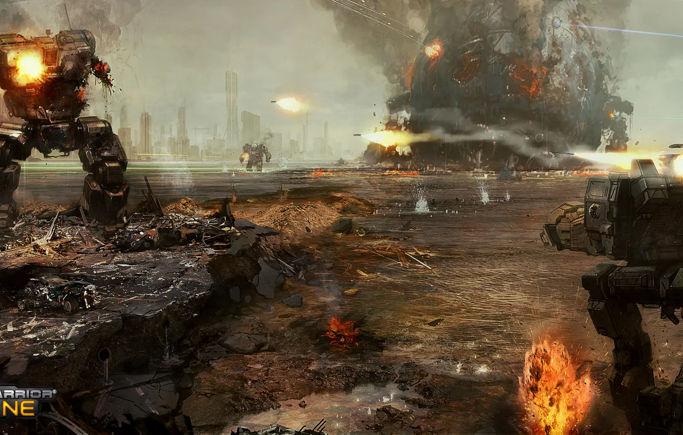 Photo wallpaper water, the explosion, the city, robot, battle, Atlas, Mechwarrior Online, Jenner