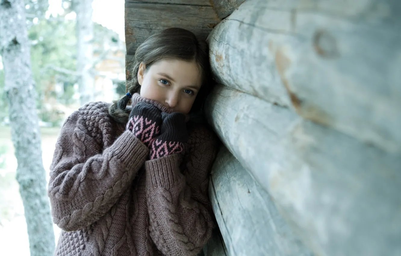 Photo wallpaper trees, nature, children, mood, brunette, braids, sweater, knitted