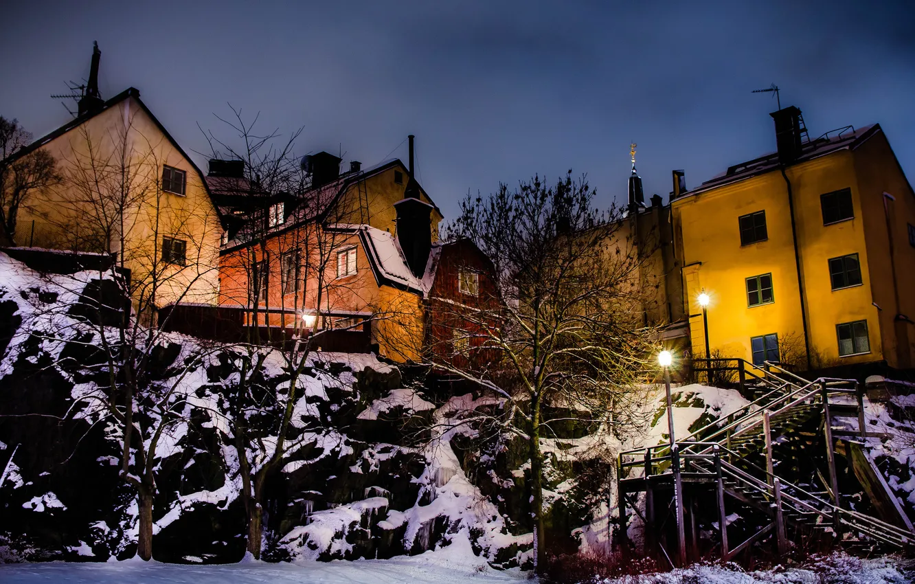 Photo wallpaper winter, night, the city, home, lights, Stockholm