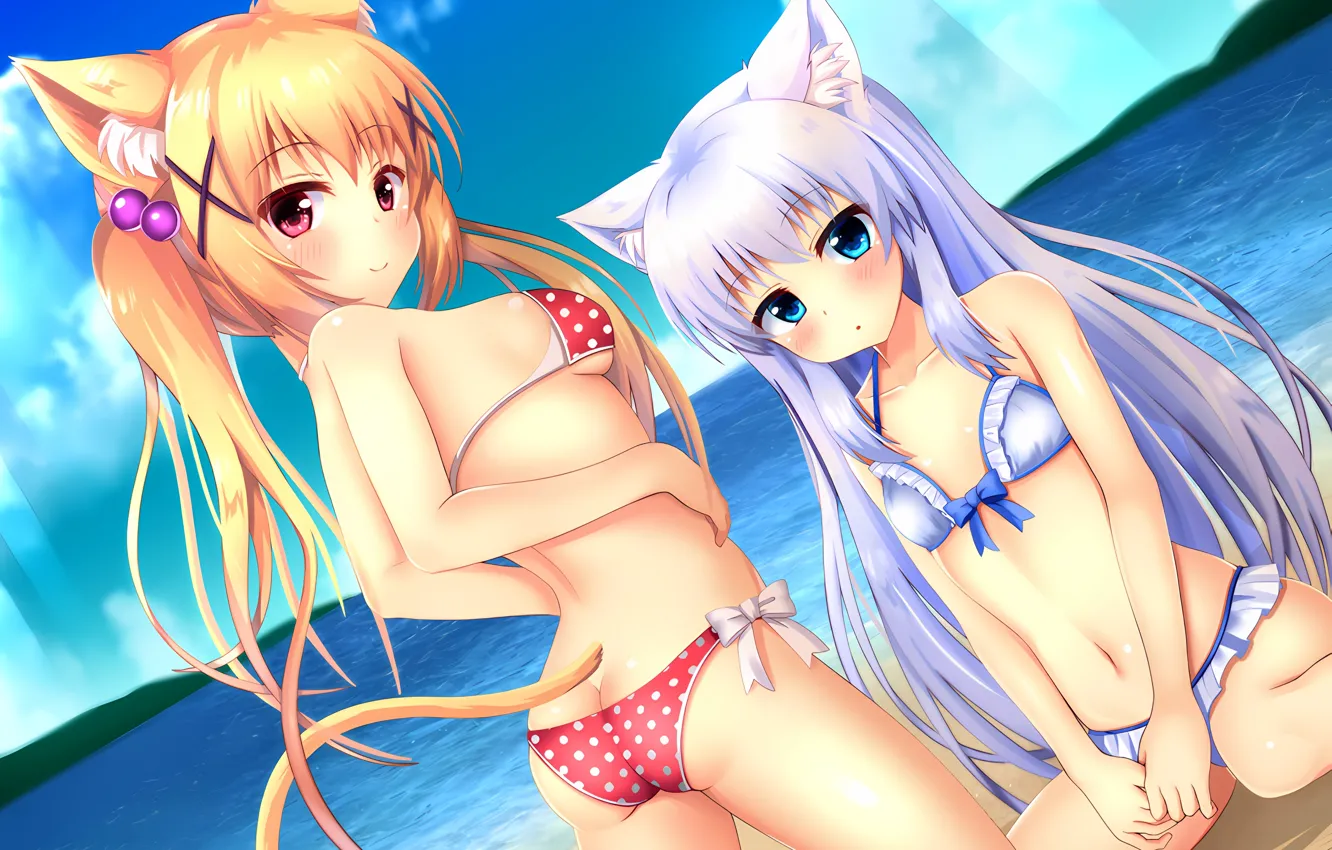 Photo wallpaper sexy, ass, cleavage, beach, long hair, sea, girls, boobs