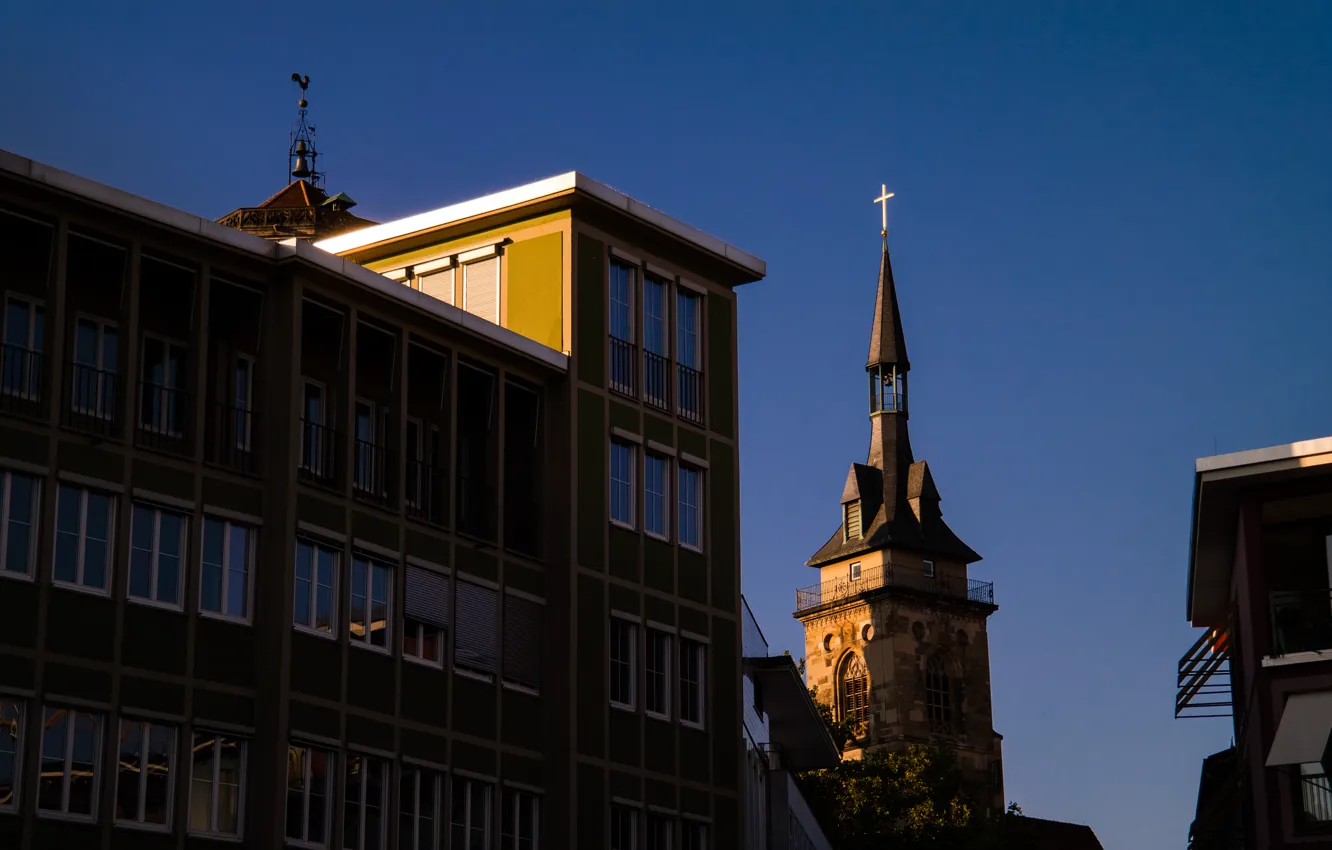 Photo wallpaper city, tower, sky, autumn, evening, Stuttgart, building, church