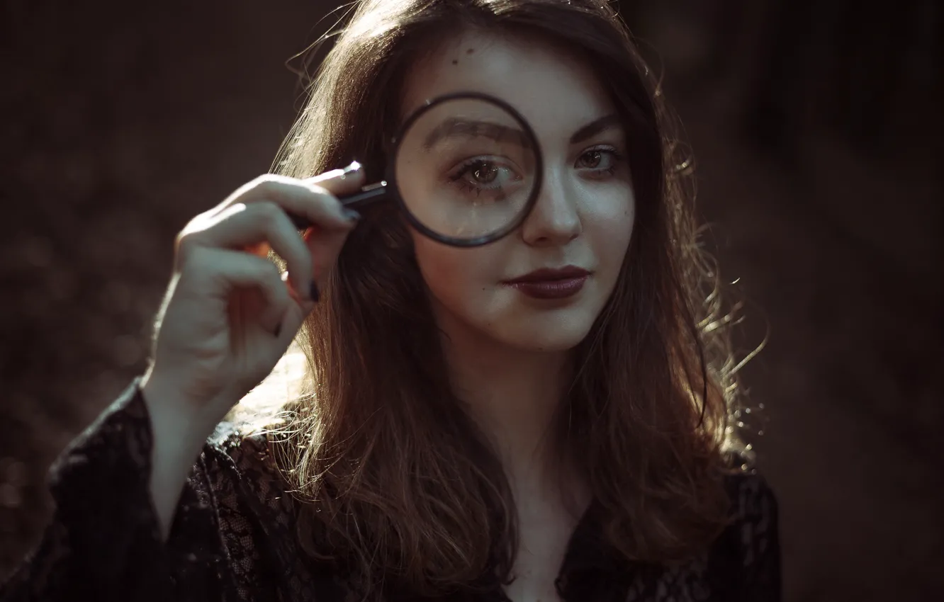 Photo wallpaper look, girl, face, magnifier