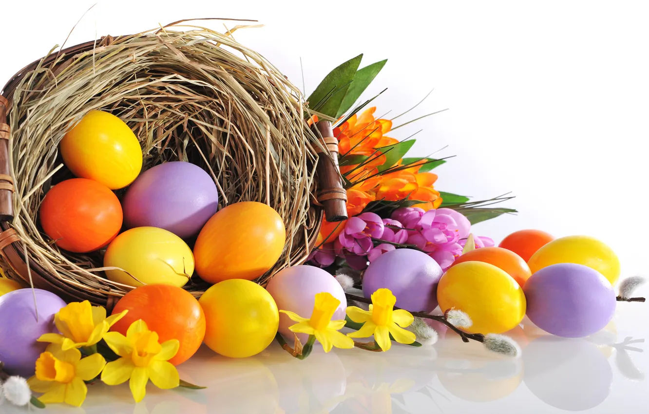 Photo wallpaper flowers, eggs, Easter, flowers, daffodils, Easter, eggs