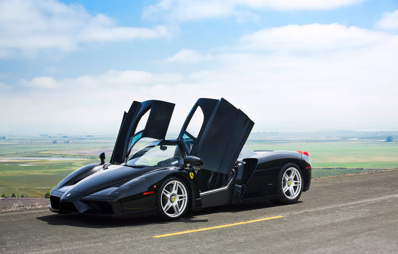 Photo wallpaper road, the sky, clouds, spring, door, black, Ferrari, Enzo