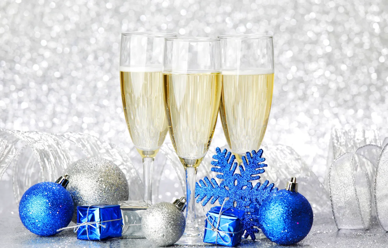 Photo wallpaper winter, snow, decoration, holiday, Christmas, Cup, gifts, champagne