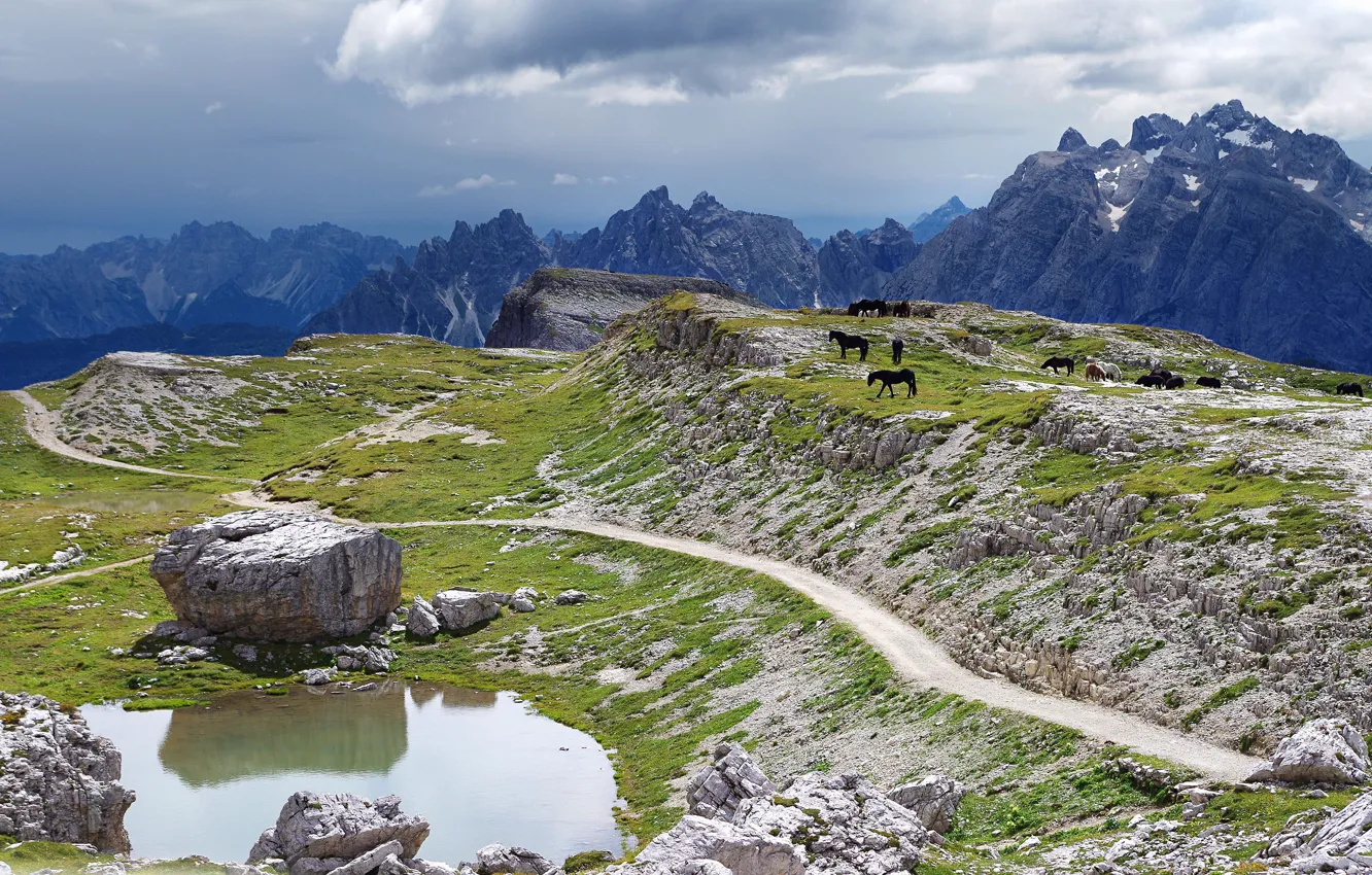 Photo wallpaper road, mountains, lake, stones, rocks, horse, shore, horse
