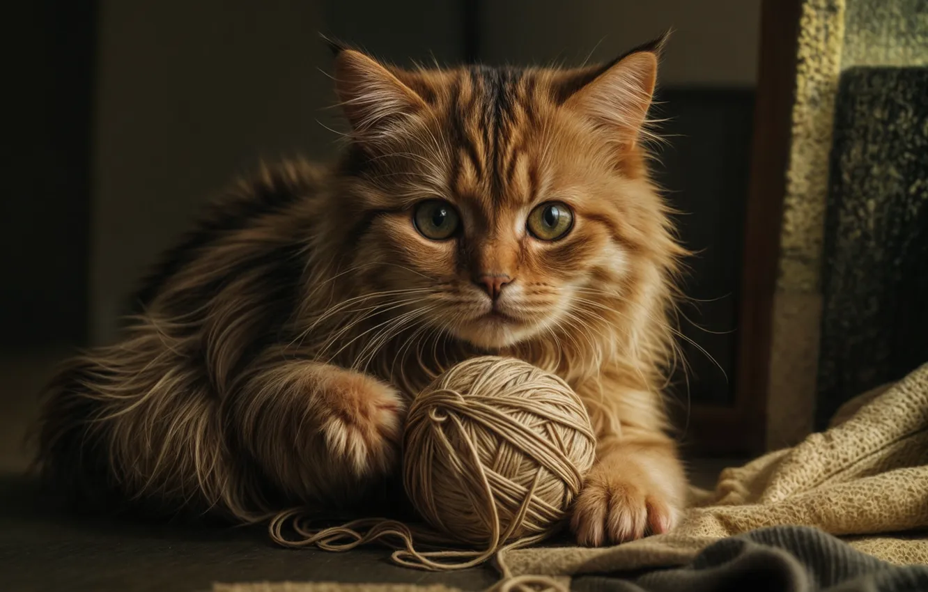 Photo wallpaper cat, cat, look, tangle, pose, legs, thread, face