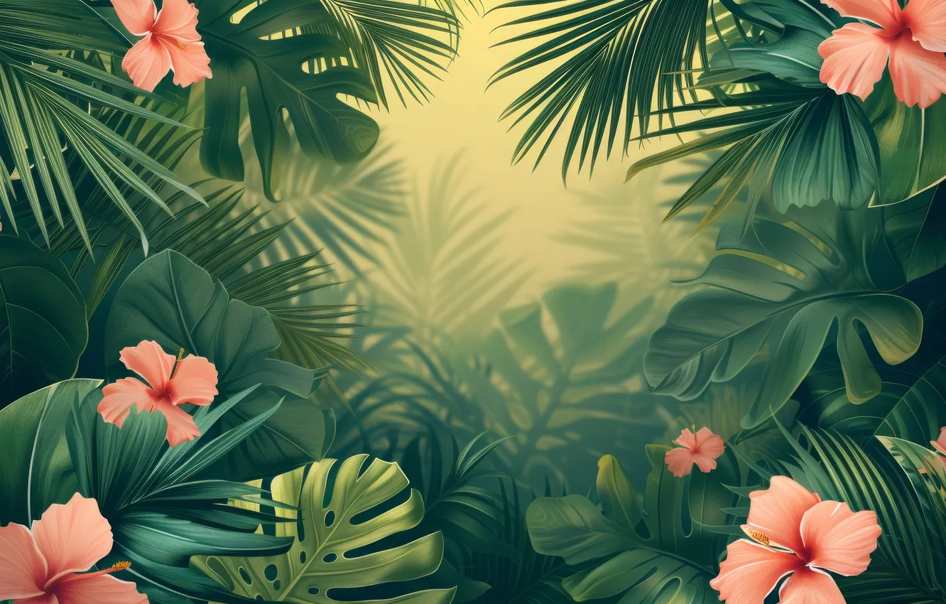 Photo wallpaper leaves, flowers, tropics, texture, frame, Exotic, Tropical Plants, AI art