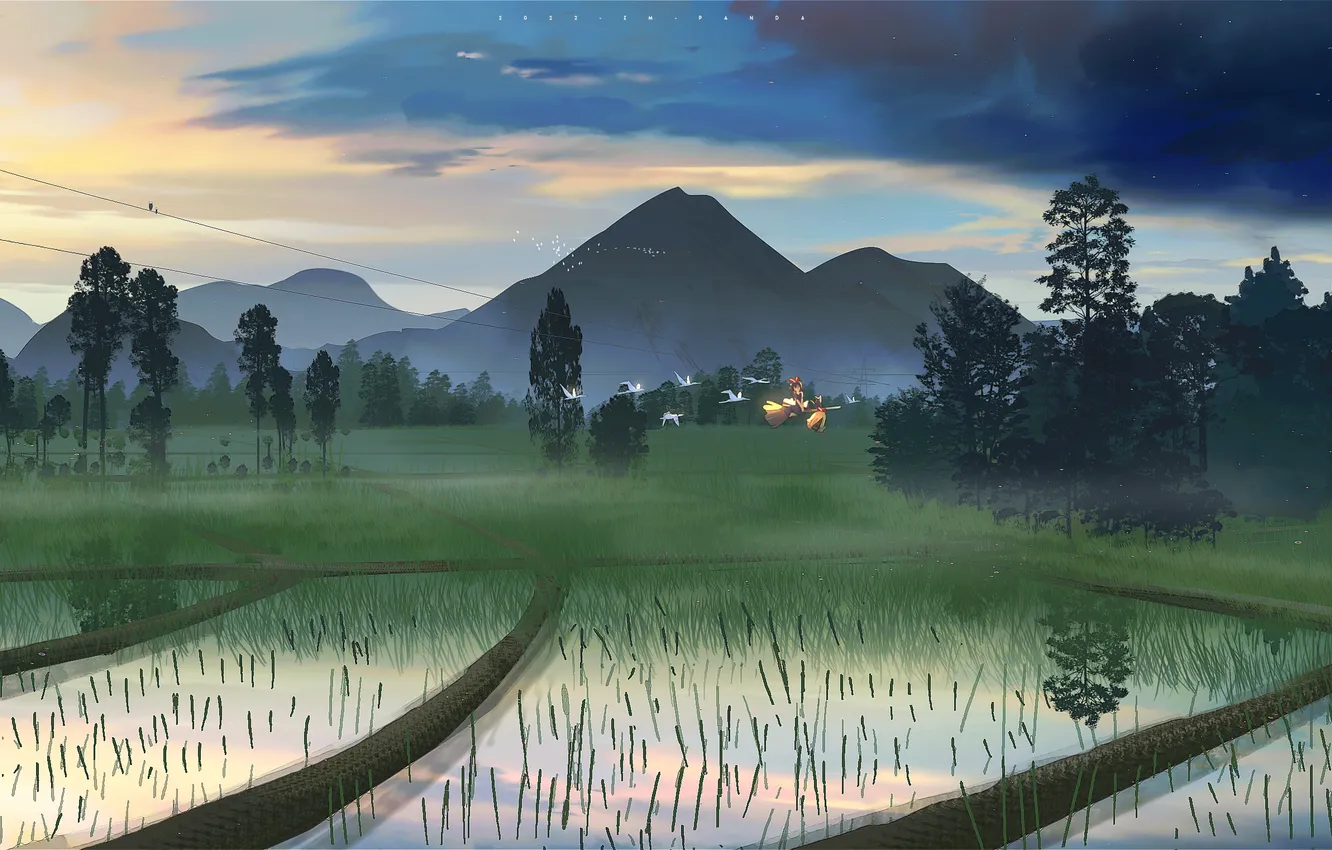 Photo wallpaper cat, mountains, nature, fantasy, girl, figure, Kiki, jiji