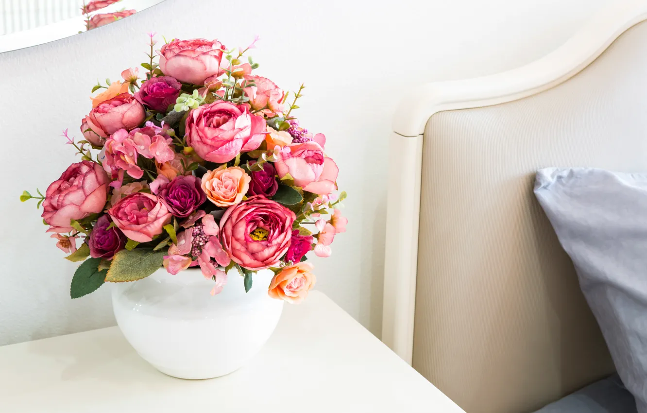 Photo wallpaper flowers, bed, bouquet, peonies, peonies by the bed