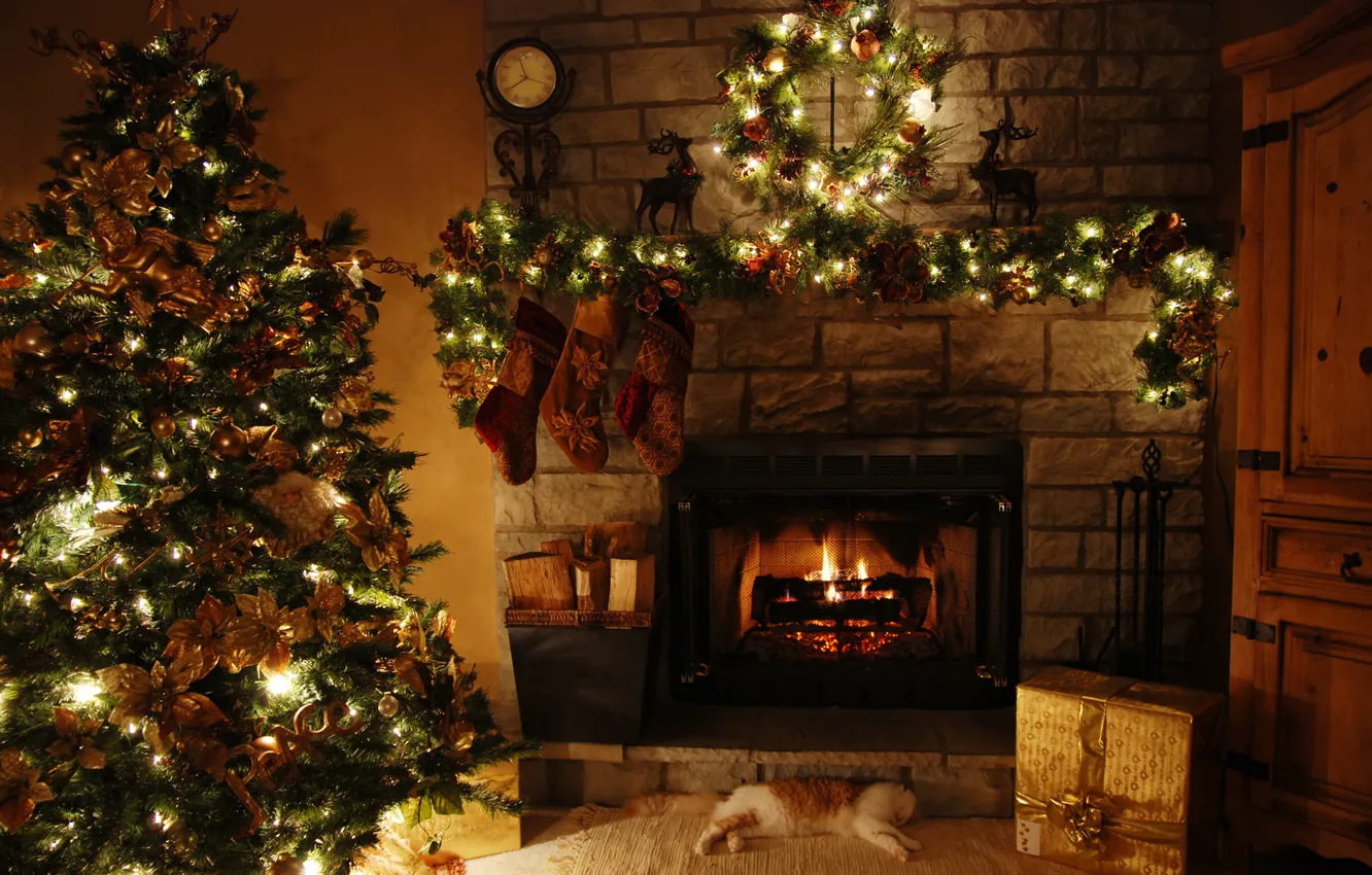 Photo wallpaper decoration, house, holiday, tree, fireplace