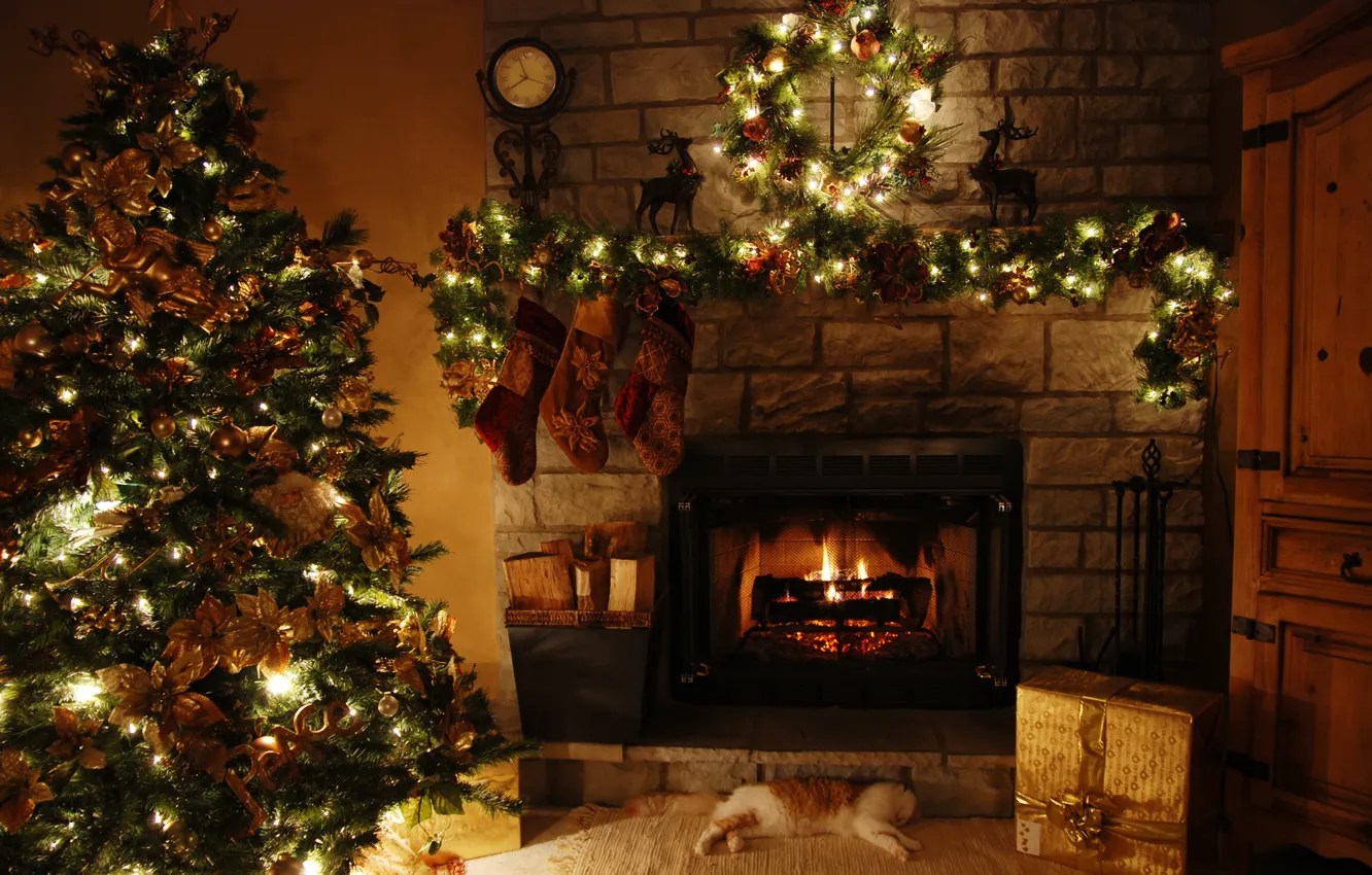 Photo wallpaper decoration, holiday, tree, home, fireplace