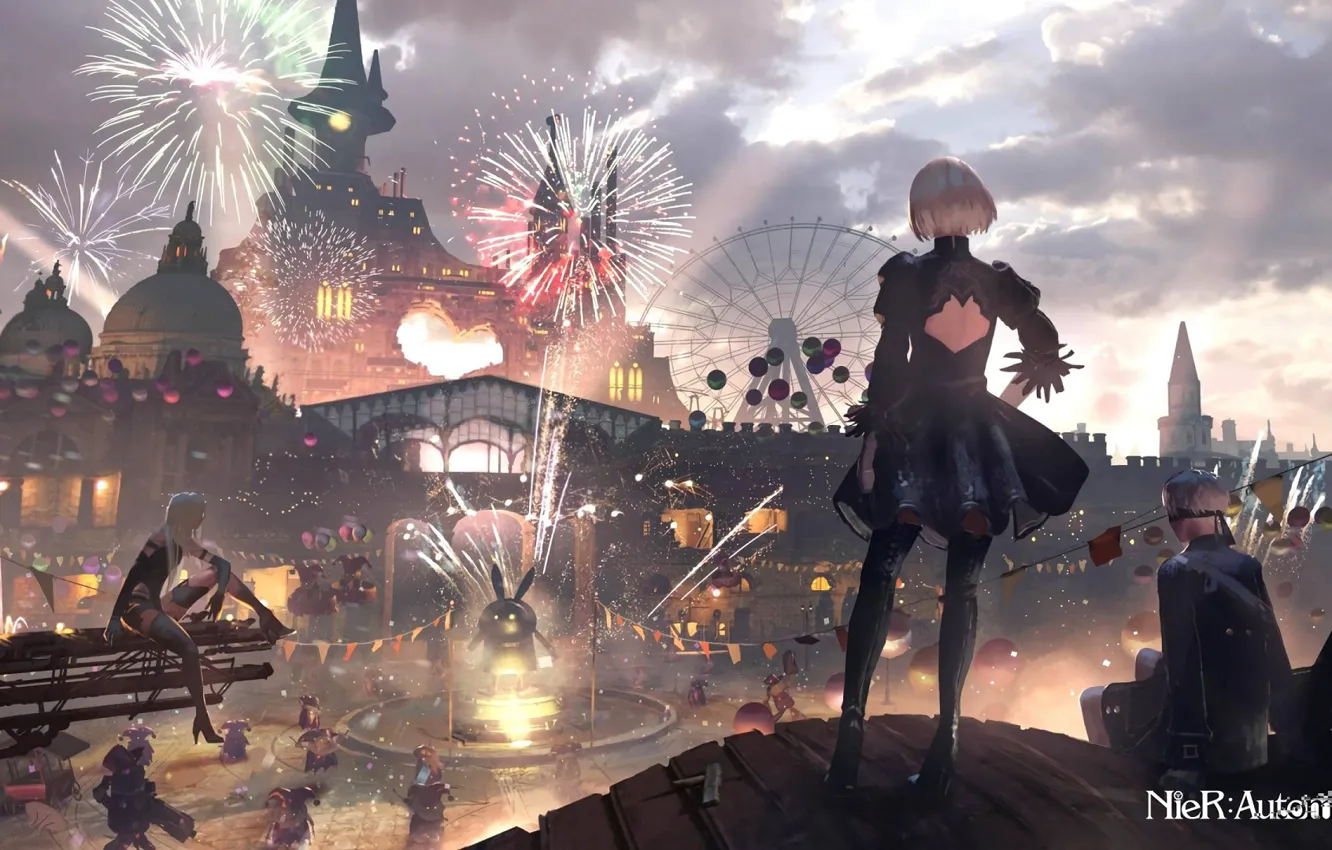 Photo wallpaper the city, the evening, fireworks, Nier, fireworks, NieR: Automata