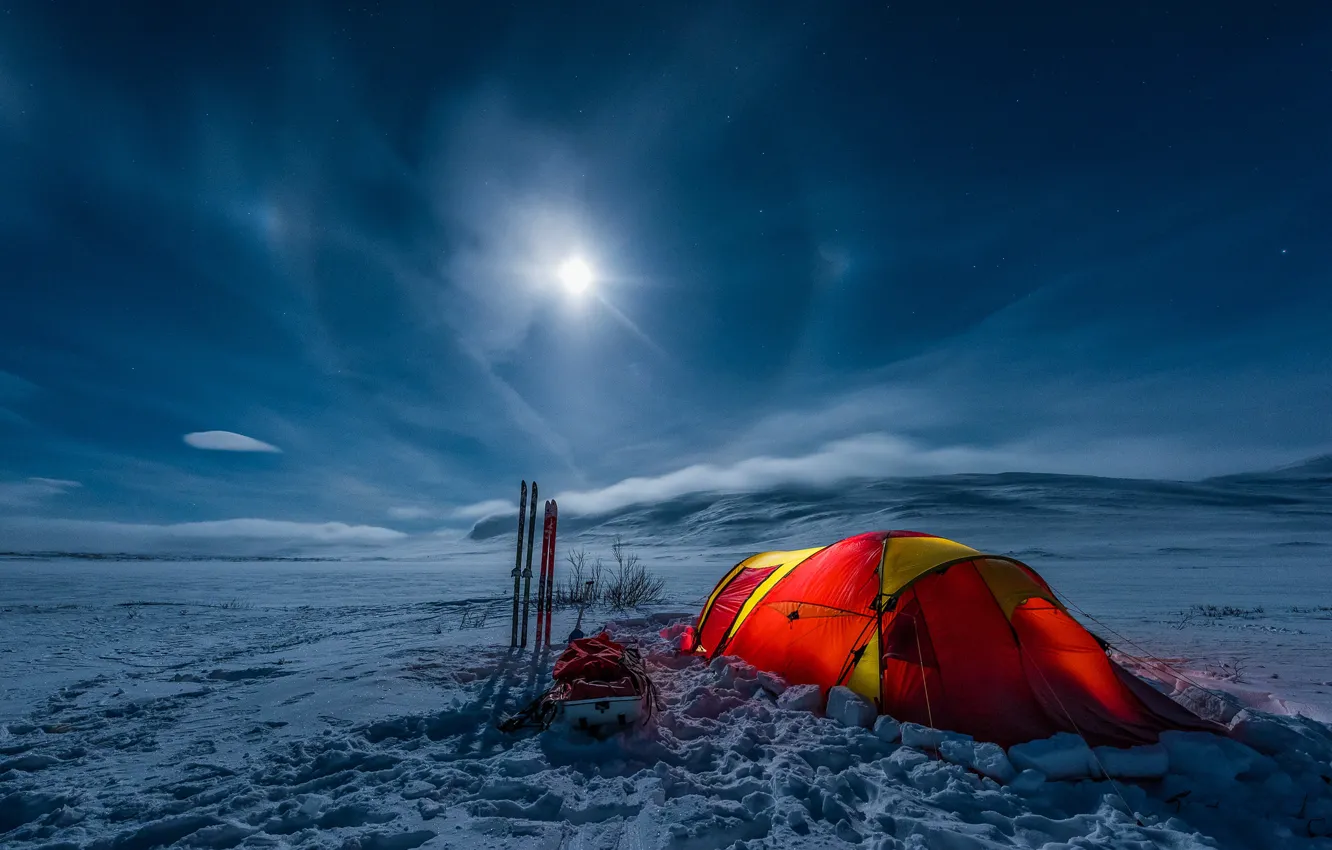 Photo wallpaper snow, travel, tent