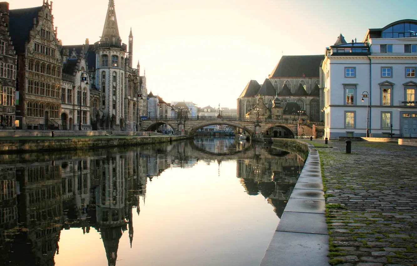Photo wallpaper the sky, bridge, river, home, the evening, channel, promenade