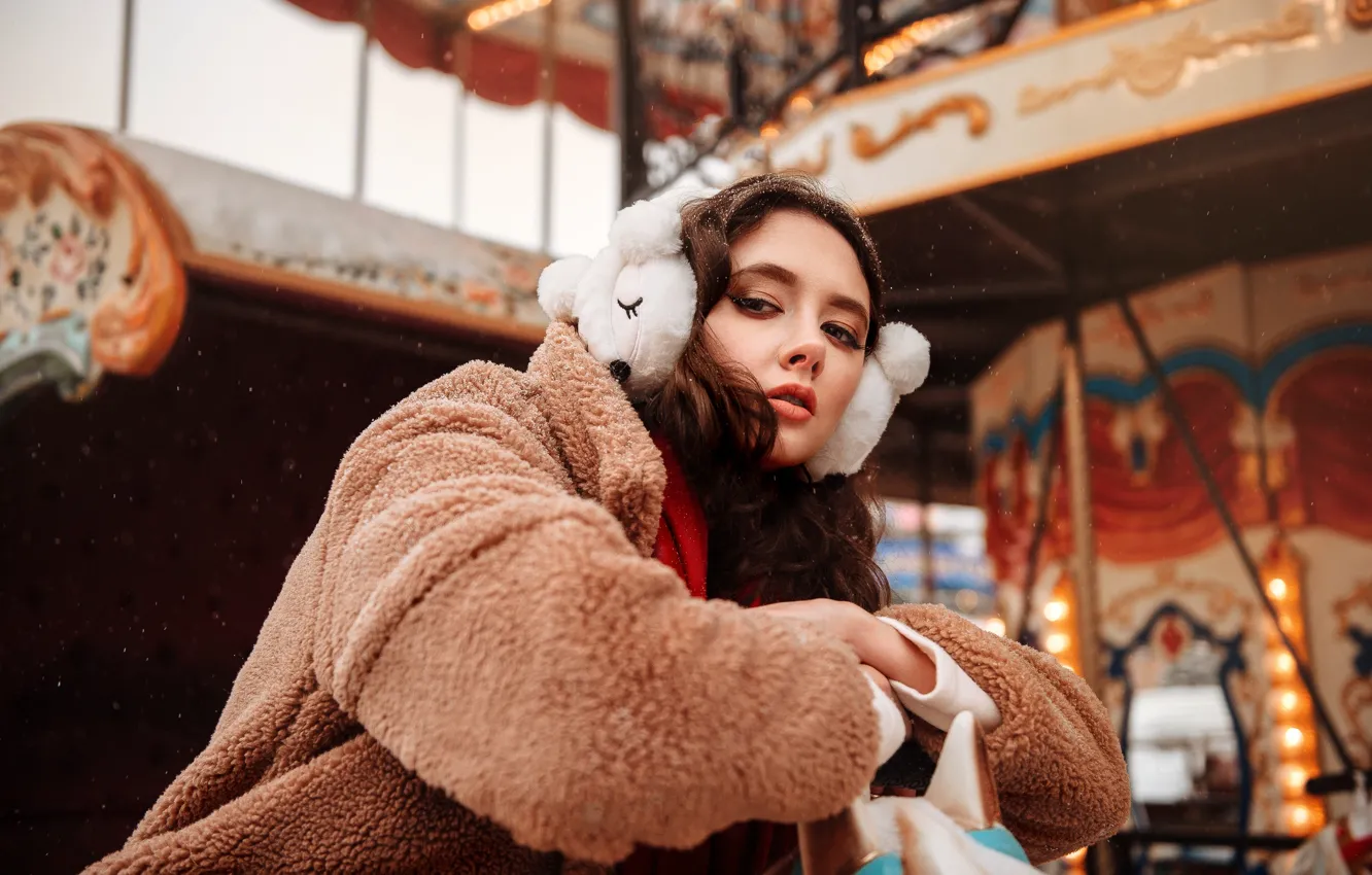 Photo wallpaper look, girl, pose, headphones, coat, Disha Shemetova, DISHA Shemetova, Vladislav Stepashov