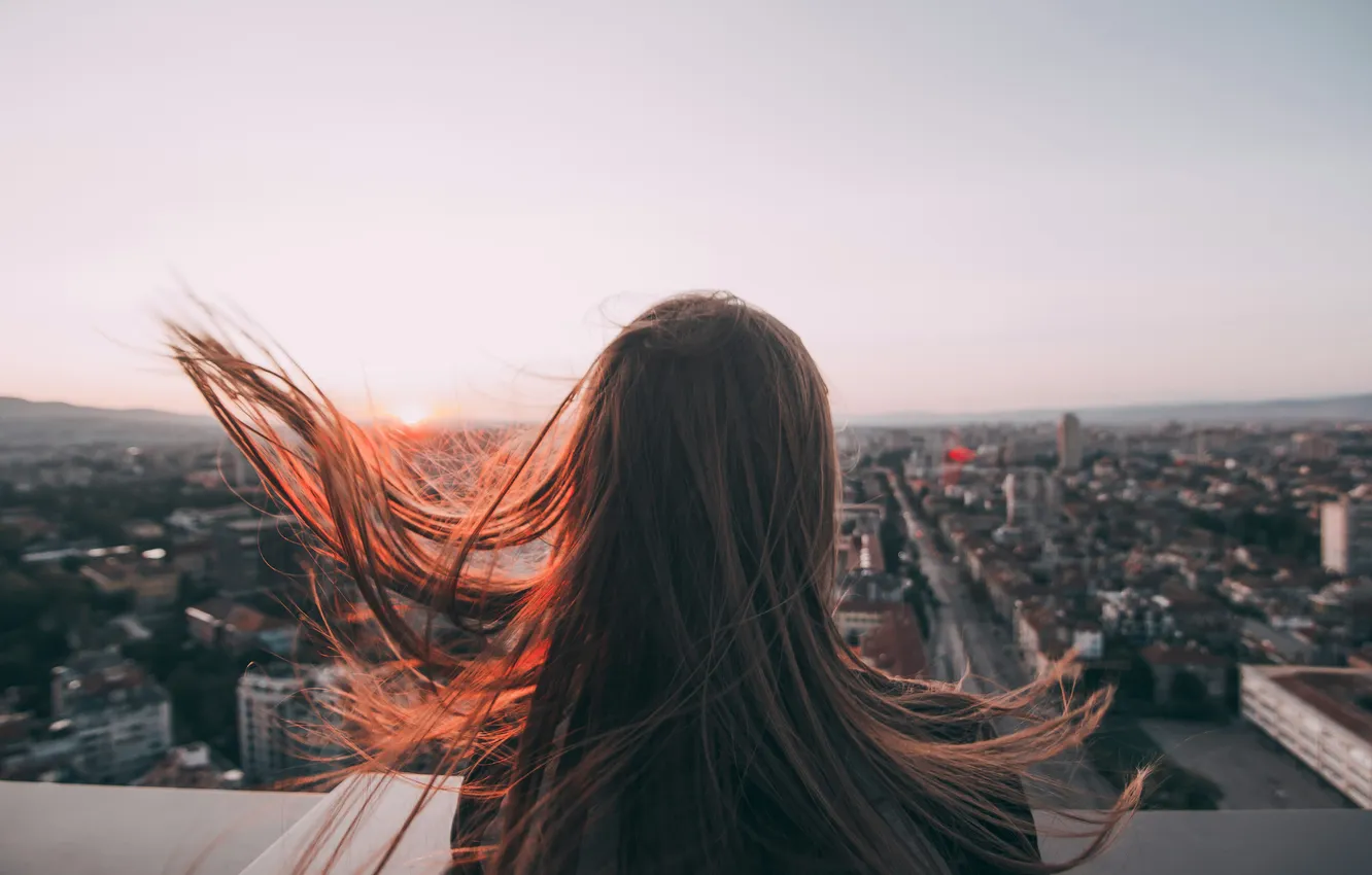 Photo wallpaper roof, the sky, the sun, sunset, the city, hair, building, blur