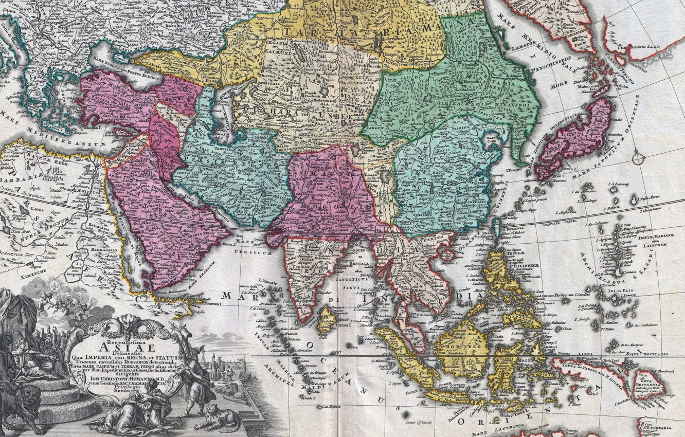 Photo wallpaper old maps, geography, 18th century map of Asia, Johann Christoph Homann, Map of Asia 18th …