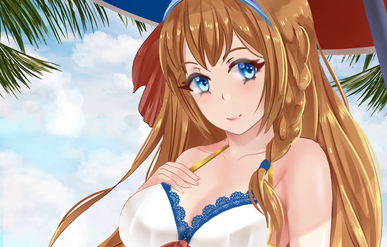 Photo wallpaper girl, sexy, cleavage, long hair, boobs, anime, blue eyes, beautiful