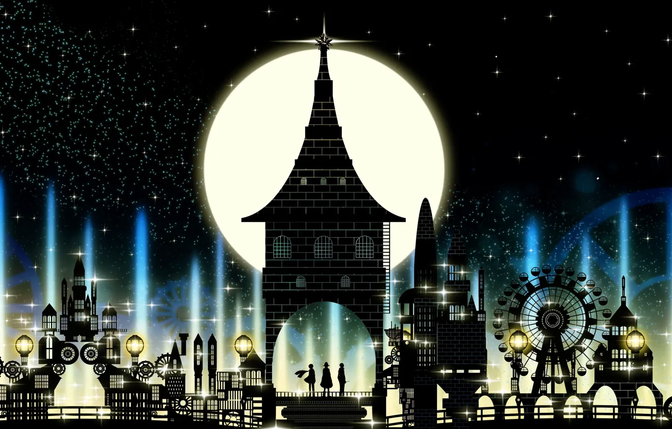 Photo wallpaper night, the city, art, Ferris wheel, silhouettes of people, Miyuki Harada