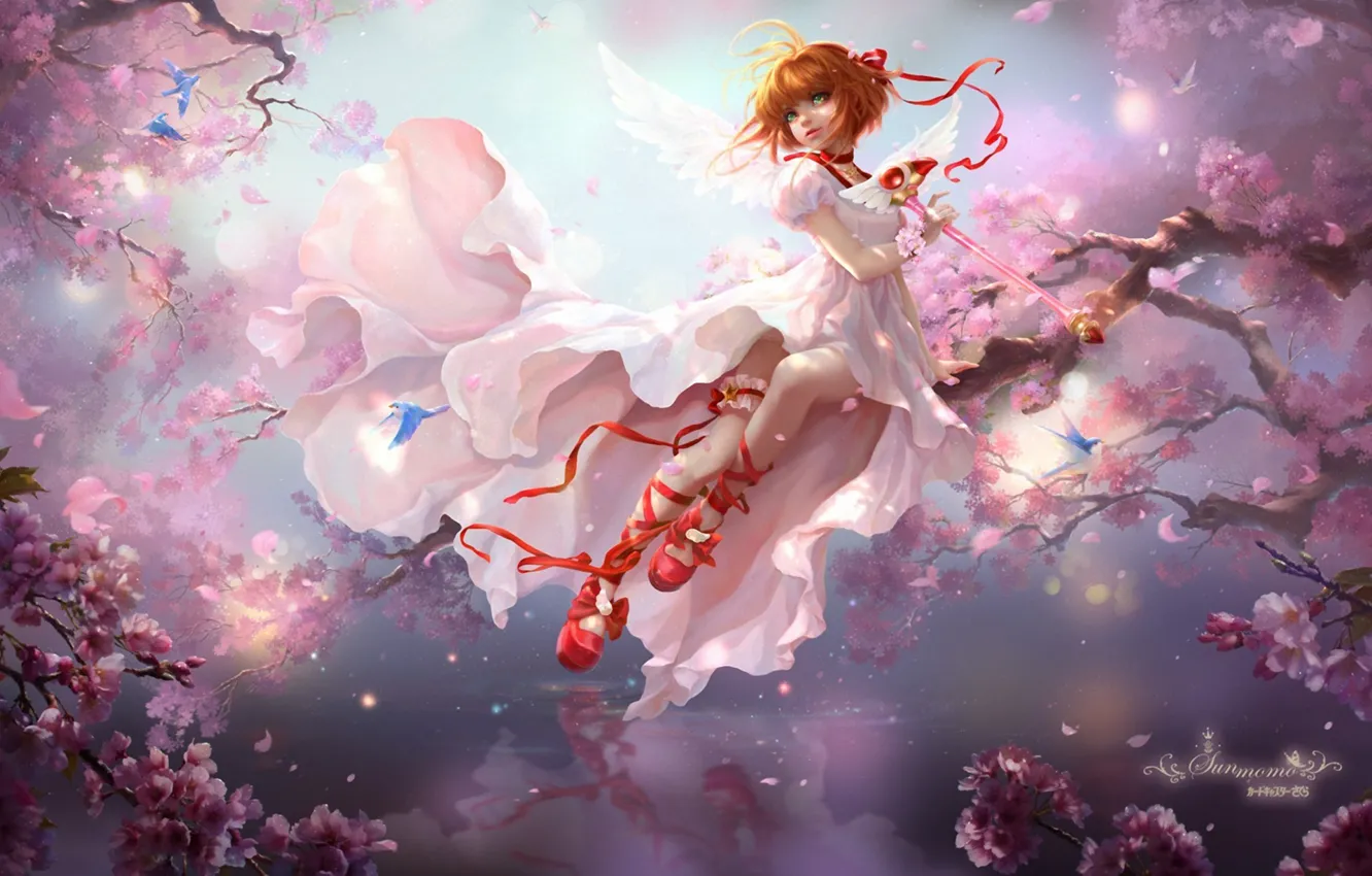 Photo wallpaper girl, birds, tape, wings, Sakura, dress, art, shoes