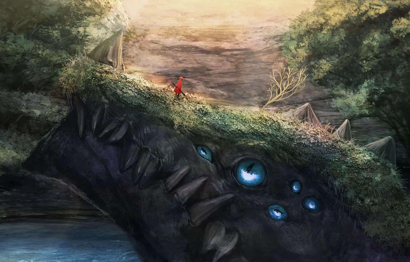 Photo wallpaper eyes, pond, people, monster, head, art, staff, cloak