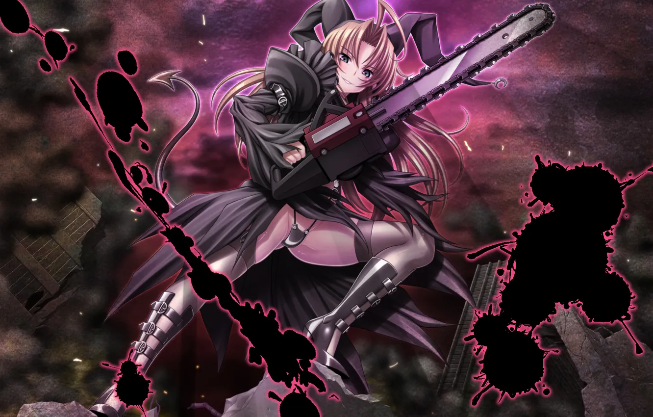 Photo wallpaper stockings, boots, spot, costume, girl, ruins, ink, chainsaw