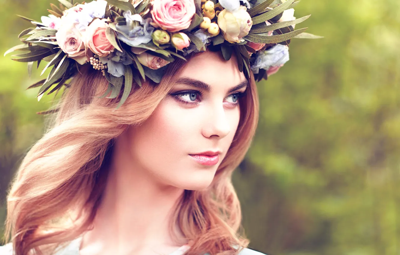 Photo wallpaper girl, the beauty, wreath, Beautiful blonde woman