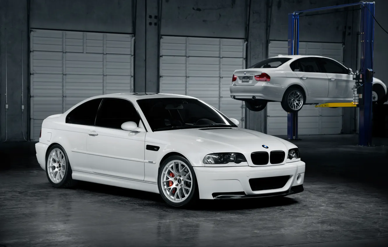 Photo wallpaper white, bmw, BMW, white, workshop, lift, e46