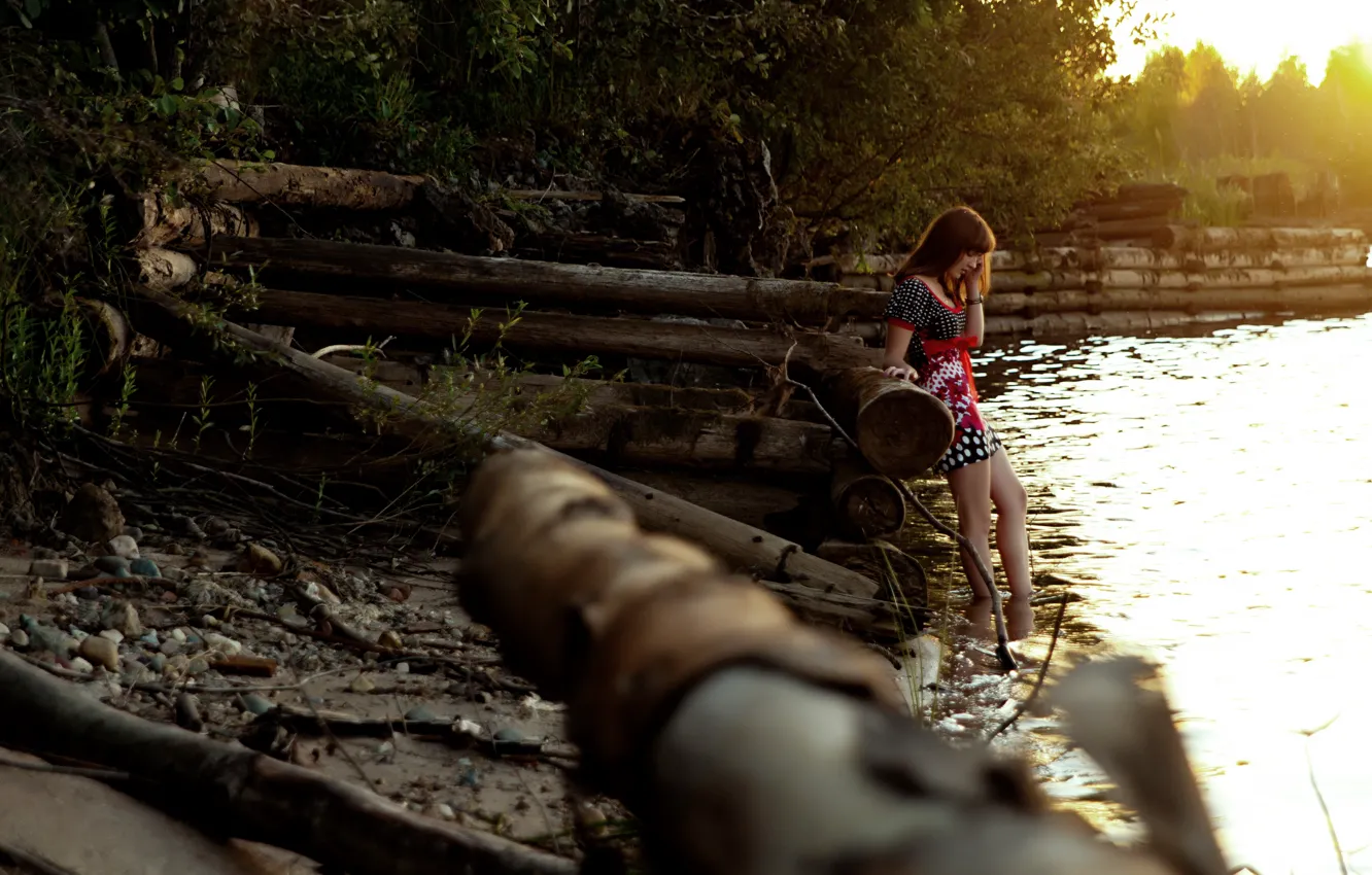 Photo wallpaper forest, water, girl, pose, river