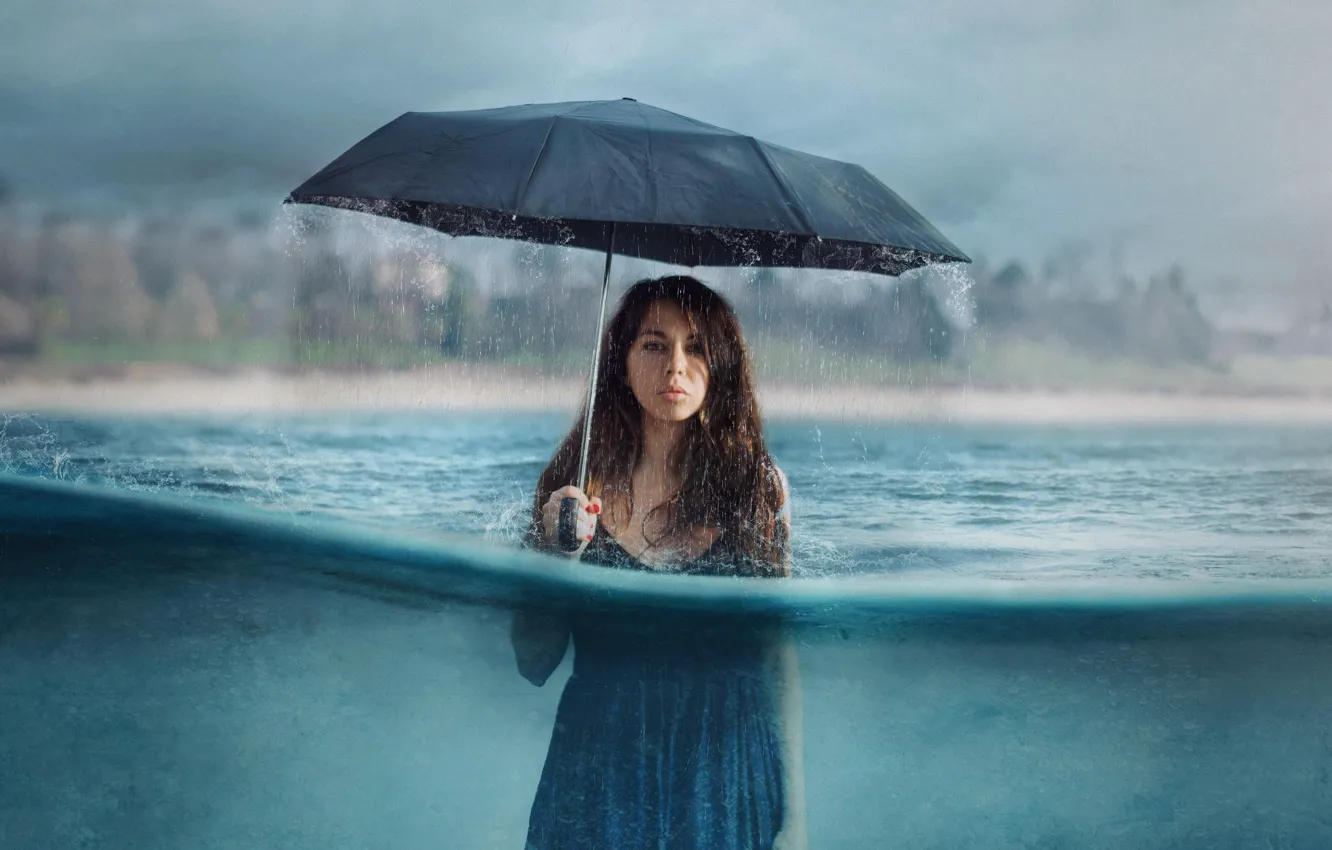 Photo wallpaper water, girl, rain, the situation, umbrella